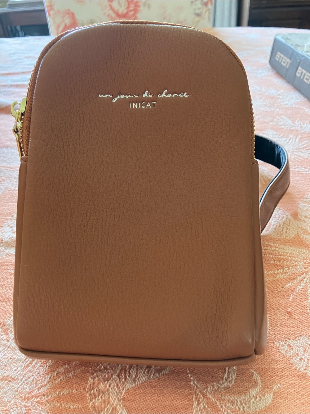 Inicat Tan Pebbled Crossbody Bag with Gold Logo